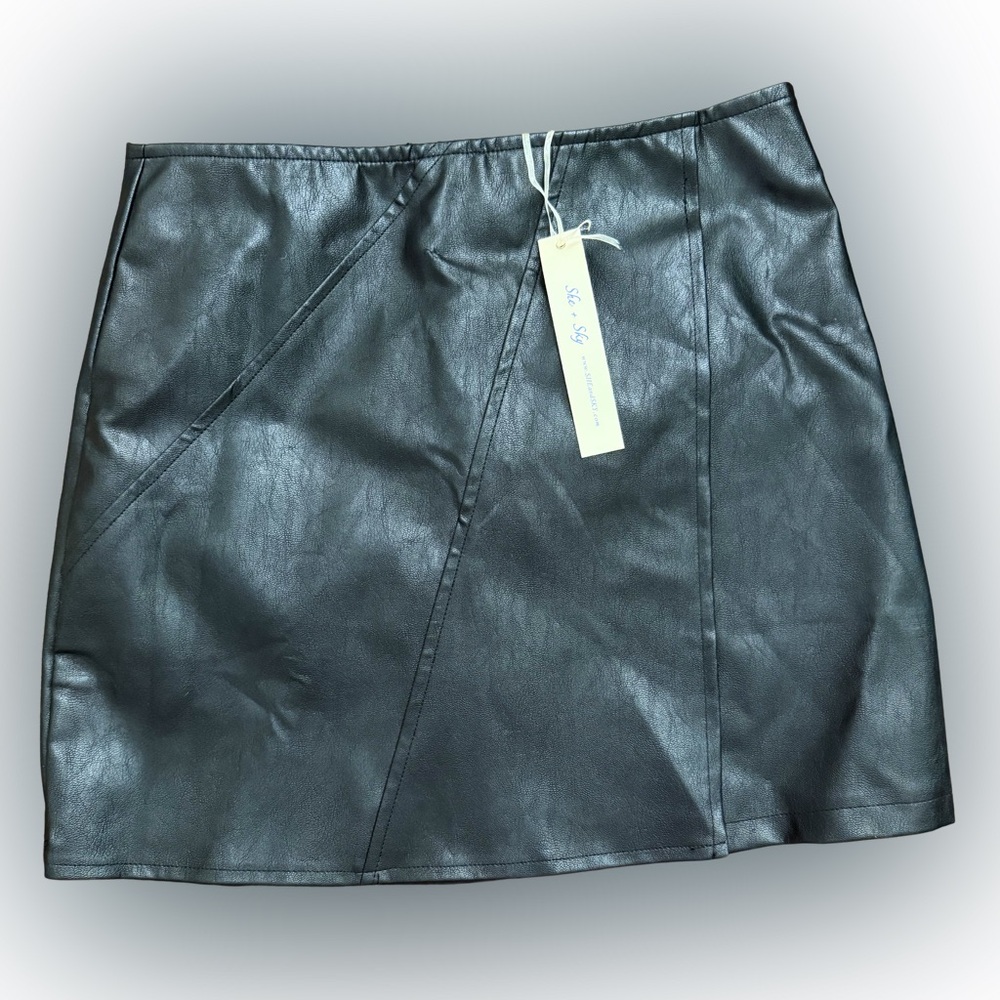 New She + Sky Black Faux Leather Mini Skirt - Sleek A-Line Wrap Style Sz Small